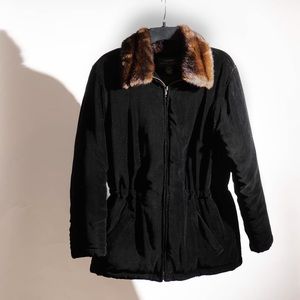 Black “velvet like”winter coat w/ faux fur collar.